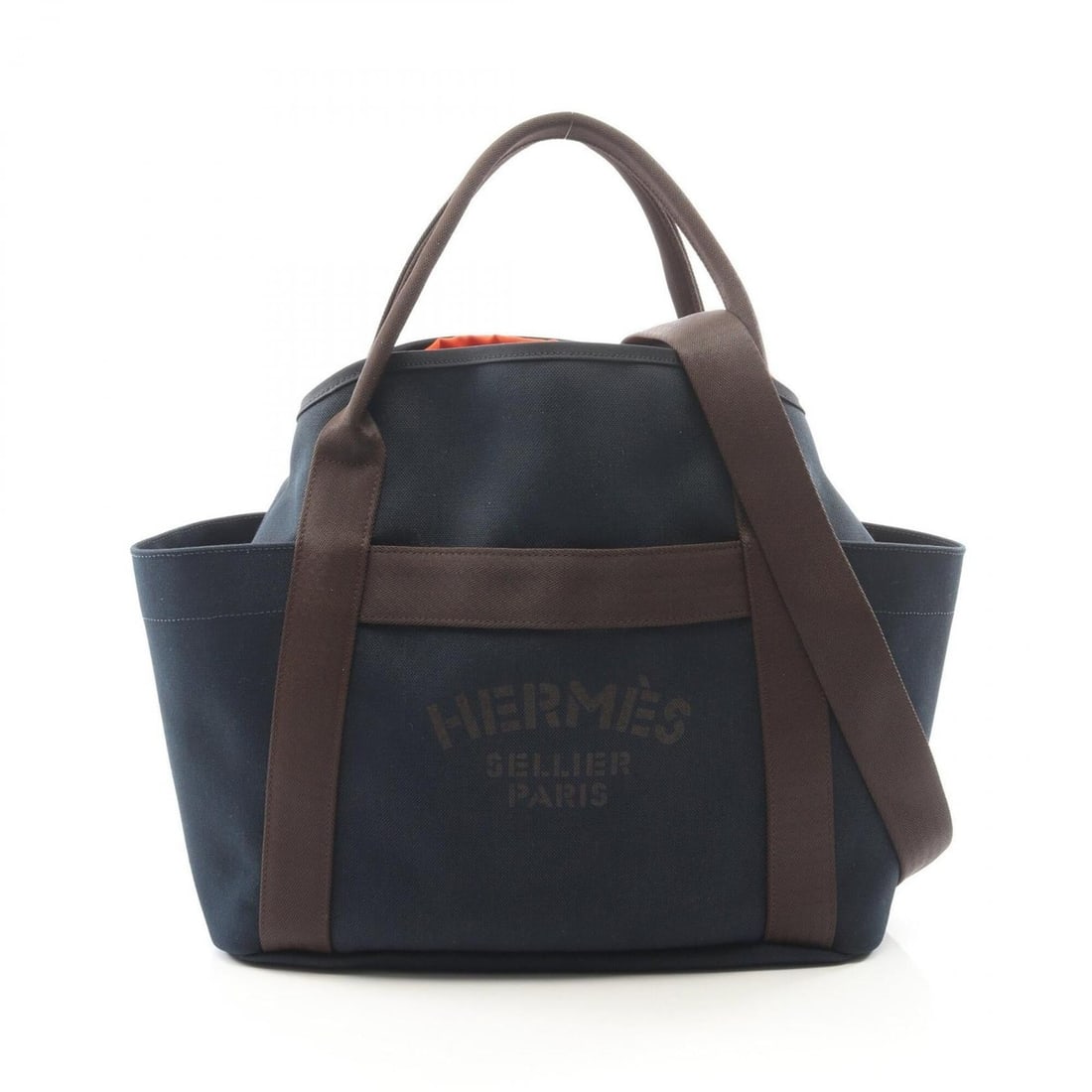 Hermes Sac de Pansage Groom Blue Navy Feu 2-Way Tote Bag Handbag Canvas Toile Military Chevron Men's: --- Catalog ---Category: SizeSize (HxWxD): 35cm x 38cm x 15cm / 13.77'' x 14.96'' x 5.9''Category: DesignType: Handbag, Tote bagColor: Brown, Feu, NavyGender: Men,WomenMaterial: Toile chevron Category