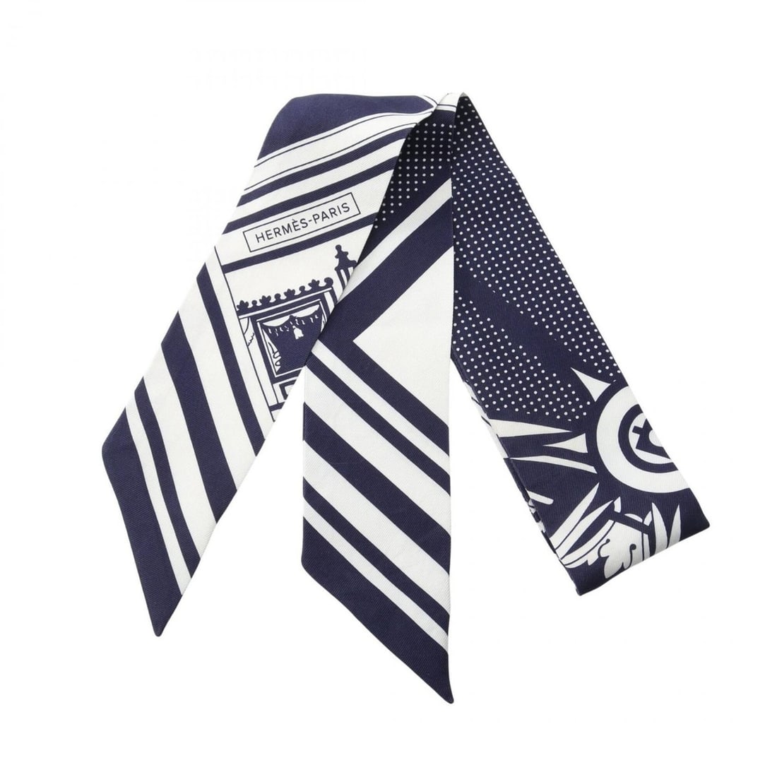 Hermes Twilly Washington's Carriage Scarf/Muffler, Silk, Women's, Navy/White: --- Catalog ---Category: SizeSize (LxW): 85cm x 5cm / 33.46'' x 1.96''Category: DesignType: ScarfColor: Navy, WhiteGender: WomenMaterial: Silk Category: GeneralBrand: Hermes--- Item List ---Section: C