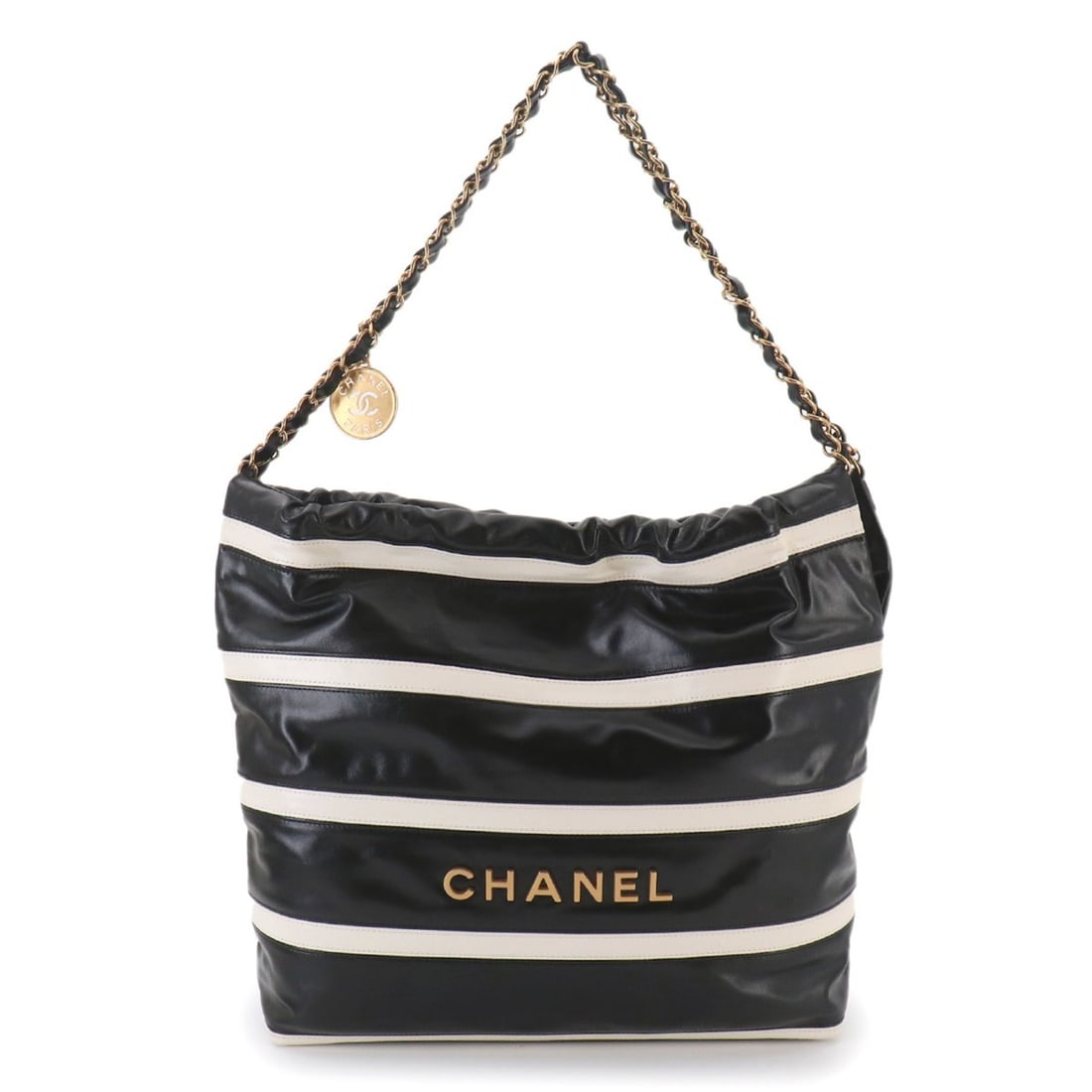 Chanel CHANEL 22 Small Chain Shoulder Handbag Calfskin Black Stripe AS3260 Bag: --- Catalog ---Category: SizeSize (HxWxD): 29cm x 30cm x 9cm / 11.41'' x 11.81'' x 3.54''Category: DesignType: Handbag, Pouch, Shoulder bagColor: Black, WhiteGender: WomenMaterial: Leather Hardware Co