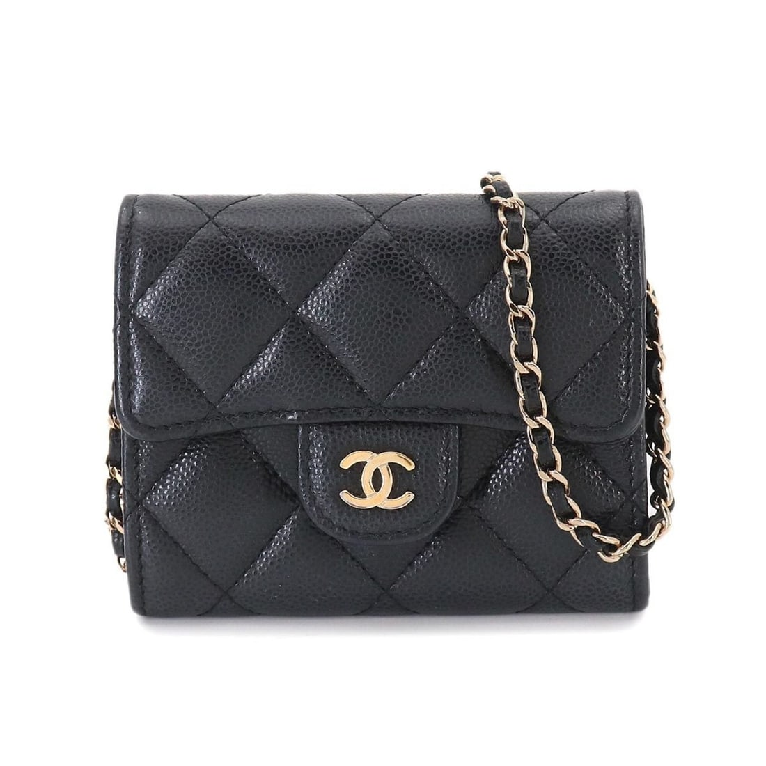 Chanel Matelasse Chain Wallet/Coin Purse, Caviar Leather, Black with Gold Hardware, AP0238: --- Catalog ---Category: SizeSize (HxWxD): 9cm x 11cm x 1.5cm / 3.54'' x 4.33'' x 0.59''Category: DesignType: Coin purse/coin caseColor: BlackGender: WomenMaterial: Grained Calfskin Category: GeneralL