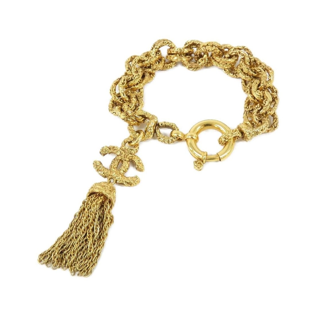Chanel bracelet: --- Catalog ---Category: SizeLength: 17cm / 6.69''Category: DesignType: Charm braceletColor: GoldGender: WomenCategory: GeneralBrand: Chanel--- Item List ---Section: ConditionRanking: Rank A Used - A