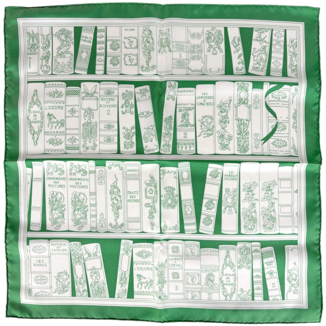 Hermes Petit Carré Bibliotheque Scarf Muffler Library Gavroche Silk Green Women's: --- Catalog ---Category: SizeSize (LxW): 42cm x 42cm / 16.53'' x 16.53''Category: DesignType: ScarfColor: GreenGender: WomenMaterial: Silk Category: GeneralBrand: Hermes--- Item List ---Section: Condi