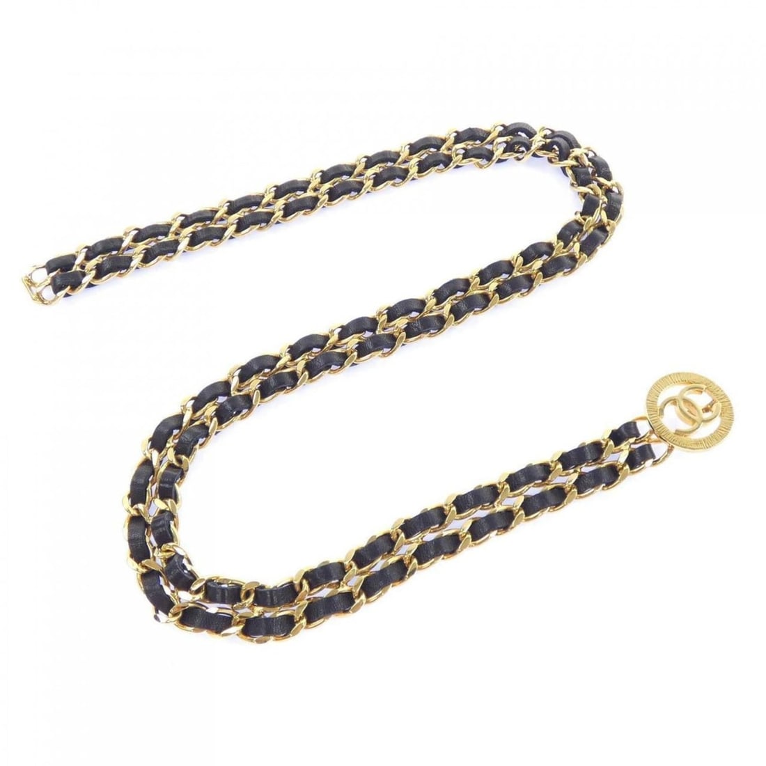 Chanel belt: --- Catalog ---Category: SizeLength: 75cm / 29.52''Category: DesignType: Chain beltColor: Black, GoldGender: WomenCategory: GeneralBrand: Chanel--- Item List ---Section: ConditionRanking: Rank B Used