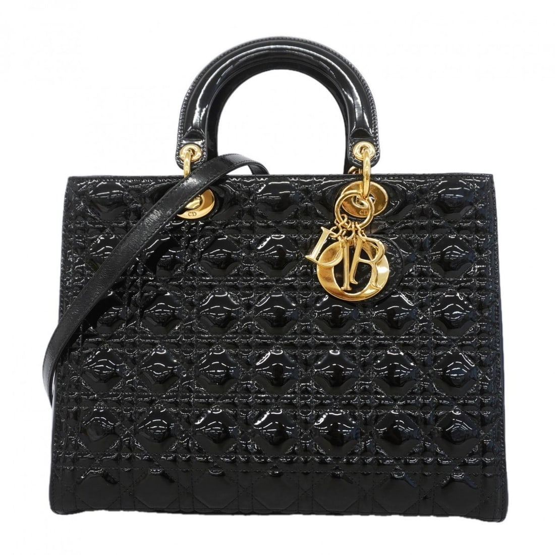 Christian Dior Cannage Lady handbag, black enamel, 2-way bag for women.: --- Catalog ---Category: SizeSize (HxWxD): 26cm x 31.5cm x 12cm / 10.23'' x 12.4'' x 4.72''Category: DesignType: HandbagColor: BlackGender: WomenHardware Color: GoldCategory: GeneralBrand: Christian D