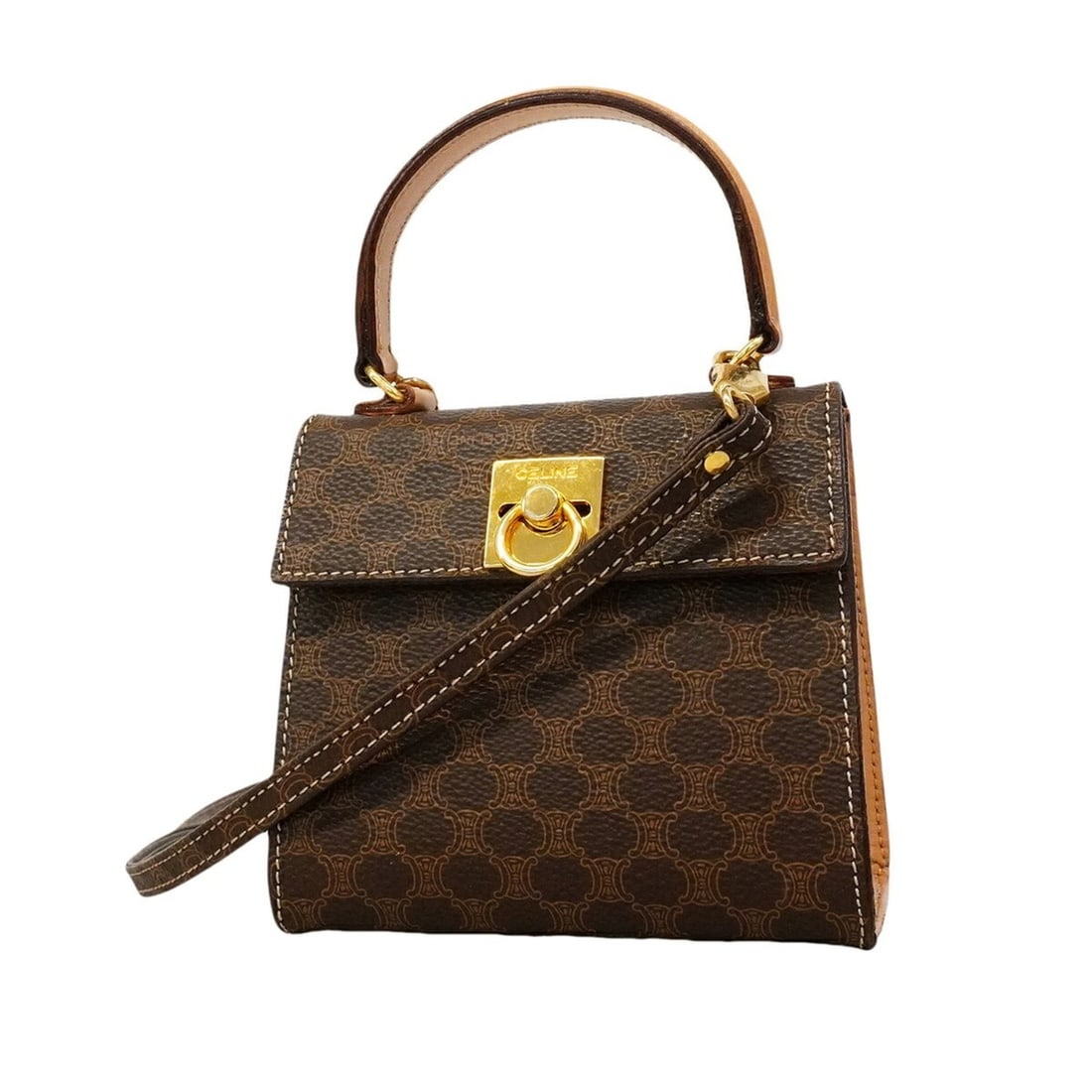 Celine Macadam Brown 2-way handbag for women: --- Catalog ---Category: SizeSize (HxWxD): 12cm x 13cm x 6cm / 4.72'' x 5.11'' x 2.36''Category: DesignType: HandbagColor: BrownGender: WomenMaterial: PVC Hardware Color: GoldCategory: GeneralBrand: C