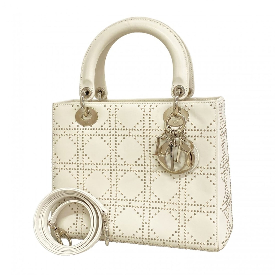 Christian Dior handbag, Cannage Lady Dior, leather, ivory, 2-way bag for women.: --- Catalog ---Category: SizeSize (HxWxD): 20.5cm x 24cm x 9.5cm / 8.07'' x 9.44'' x 3.74''Category: DesignType: HandbagColor: IvoryGender: WomenMaterial: Leather Hardware Color: SilverCategory: Gener