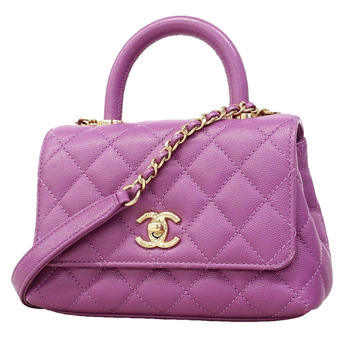 Chanel Matelassé Chain Shoulder Bag with Coco Handle, Caviar Leather, Purple, 2-way for Women: --- Catalog ---Category: SizeSize (HxWxD): 12.5cm x 19cm x 9cm / 4.92'' x 7.48'' x 3.54''Category: DesignType: HandbagColor: PurpleGender: WomenMaterial: Grained Calfskin Hardware Color: GoldCategory: