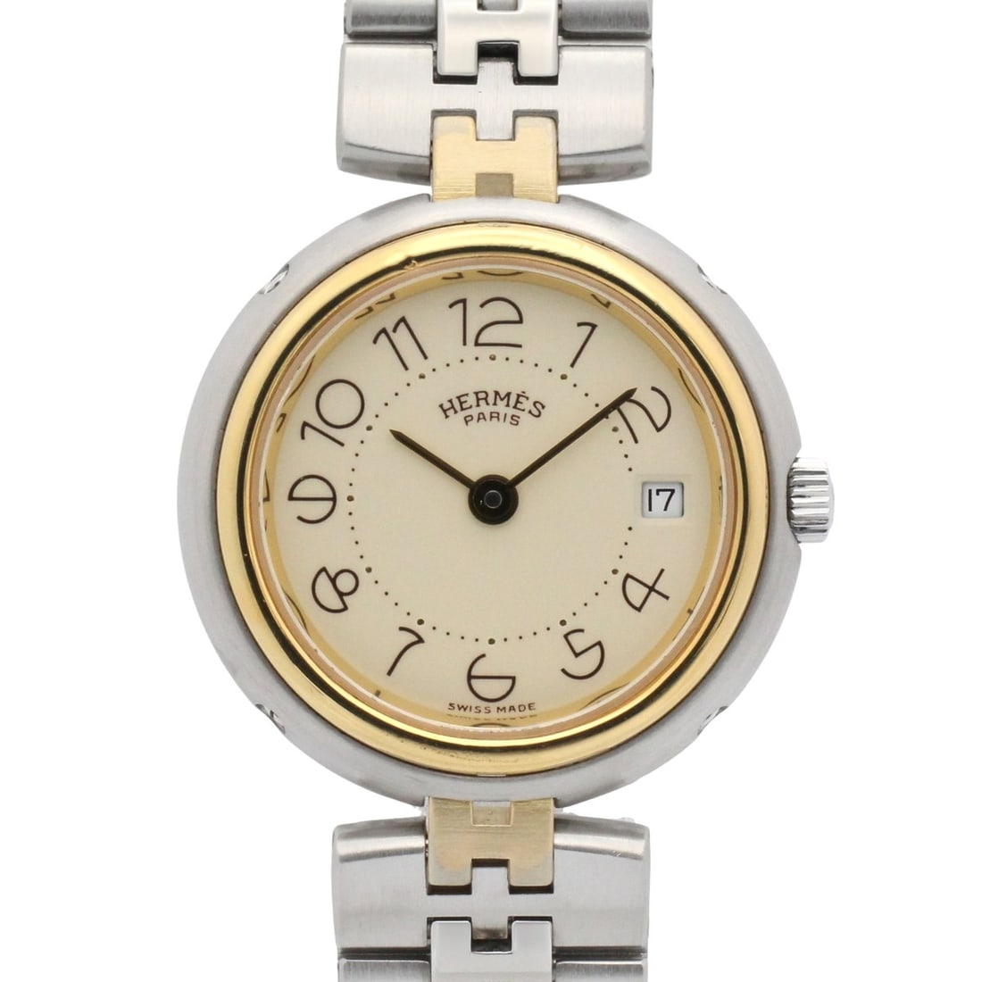 Hermes Profile Wristwatch, Gold Plated (GP), Stainless Steel, Women's, Ivory, Unknown: --- Catalog ---Category: SizeWrist Size: 15.5cm / 6.1''Case Diameter: 25mm / 0.98''Category: DesignType: WristwatchGender: WomenColor (Dial): IvoryMaterial (Band): Gold plated, Stainless steelMaterial