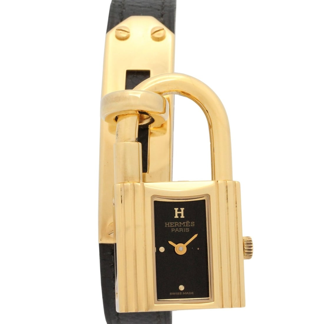 Hermes Kelly Watch, Gold Plated (GP), Leather Strap, Women's, Black, KE1.201: --- Catalog ---Category: SizeWrist Size: 15cm / 5.9''Case Diameter: 20mm / 0.79''Category: DesignType: WristwatchGender: WomenColor (Dial): BlackMaterial (Band): LeatherMaterial (Case): Gold platedCat