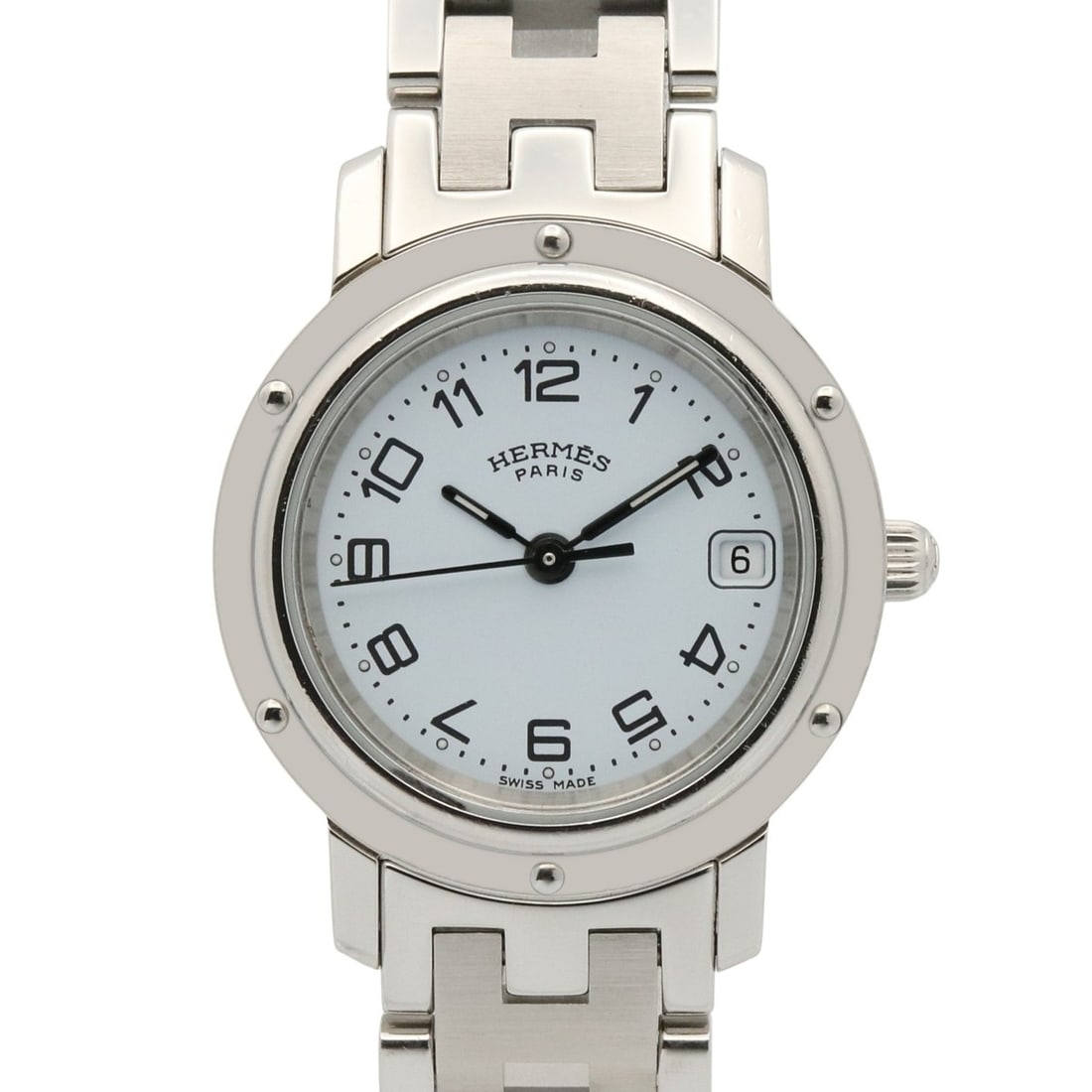 Hermes Clipper Watch, Stainless Steel, Women's, White (CL4.210): --- Catalog ---Category: SizeWrist Size: 16cm / 6.29''Case Diameter: 24mm / 0.94''Category: DesignType: WristwatchGender: WomenColor (Dial): WhiteMaterial (Band): Stainless steelMaterial (Case): Stain