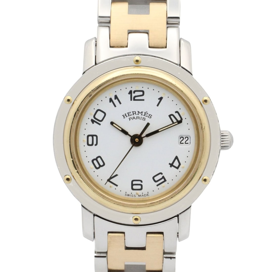 Hermes Clipper Watch, Gold Plated Stainless Steel, Women's, White, CL4.220: --- Catalog ---Category: SizeWrist Size: 15cm / 5.9''Case Diameter: 24mm / 0.94''Category: DesignType: WristwatchGender: WomenColor (Dial): WhiteMaterial (Band): Gold plated, Stainless steelMaterial (