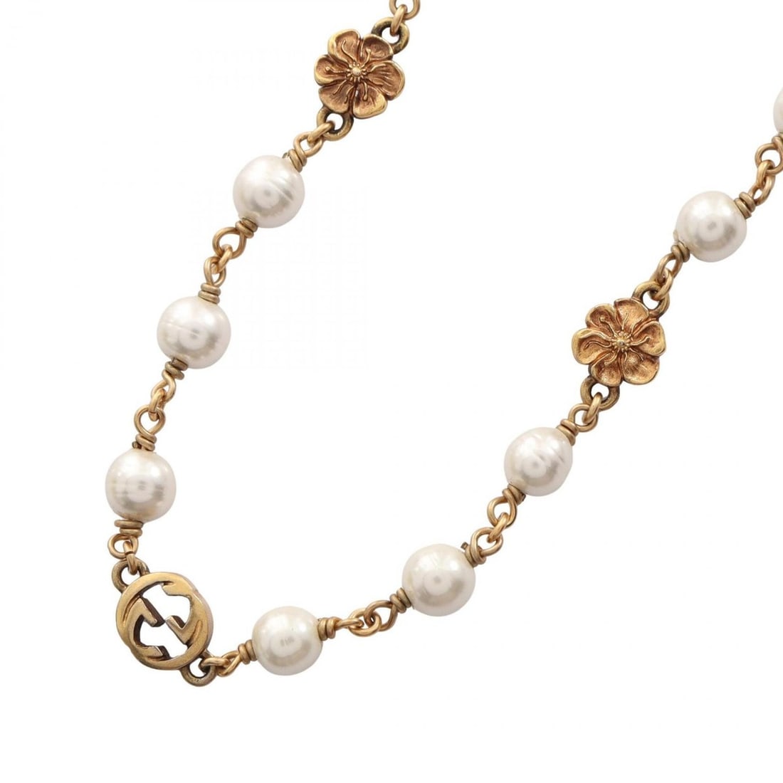 Gucci Interlocking G Flower Necklace, Gold Plated (GP), Faux Pearl, Women's, Gold/White Tones: --- Catalog ---Category: SizePendant Size: 8mm x 9mm / 0.31'' x 0.35''Neck Circumference: 38 cm - 44 cm / 14.96'' - 17.32''Category: DesignColor: Gold, WhiteGender: WomenMaterial: Gold platingNecklace