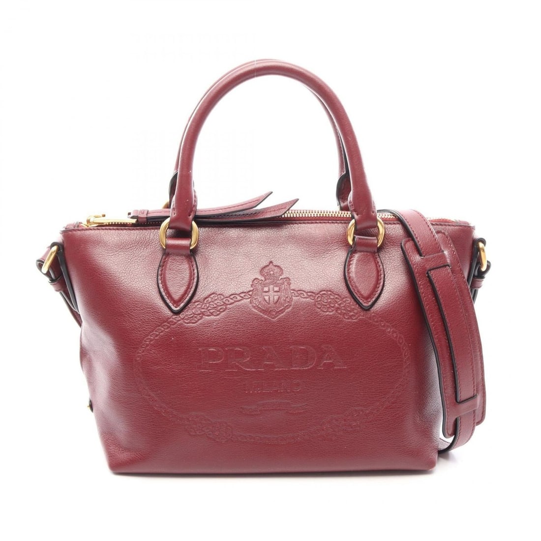 Prada 2-way handbag, leather, women's, burgundy.: --- Catalog ---Category: SizeSize (HxWxD): 19cm x 23cm x 13cm / 7.48'' x 9.05'' x 5.11''Category: DesignType: HandbagColor: BordeauxGender: WomenMaterial: Leather Category: GeneralBrand: Prada--- Item