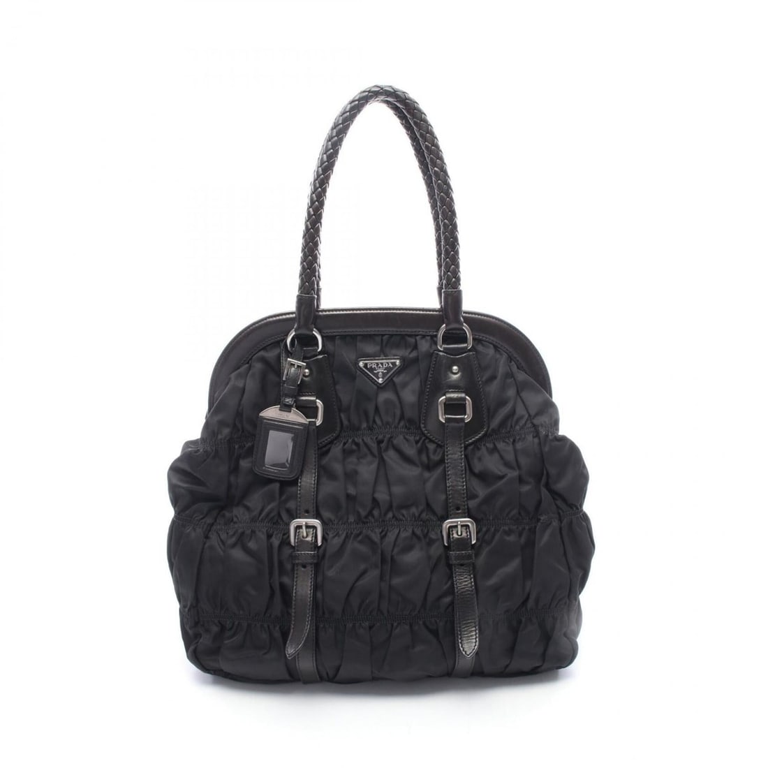 Prada gathered tote bag/handbag, nylon and leather, women's, black.: --- Catalog ---Category: SizeSize (HxWxD): 37cm x 35cm x 15cm / 14.56'' x 13.77'' x 5.9''Category: DesignType: Handbag, Tote bagColor: BlackGender: WomenMaterial: Nylon , Leather Category: GeneralBran