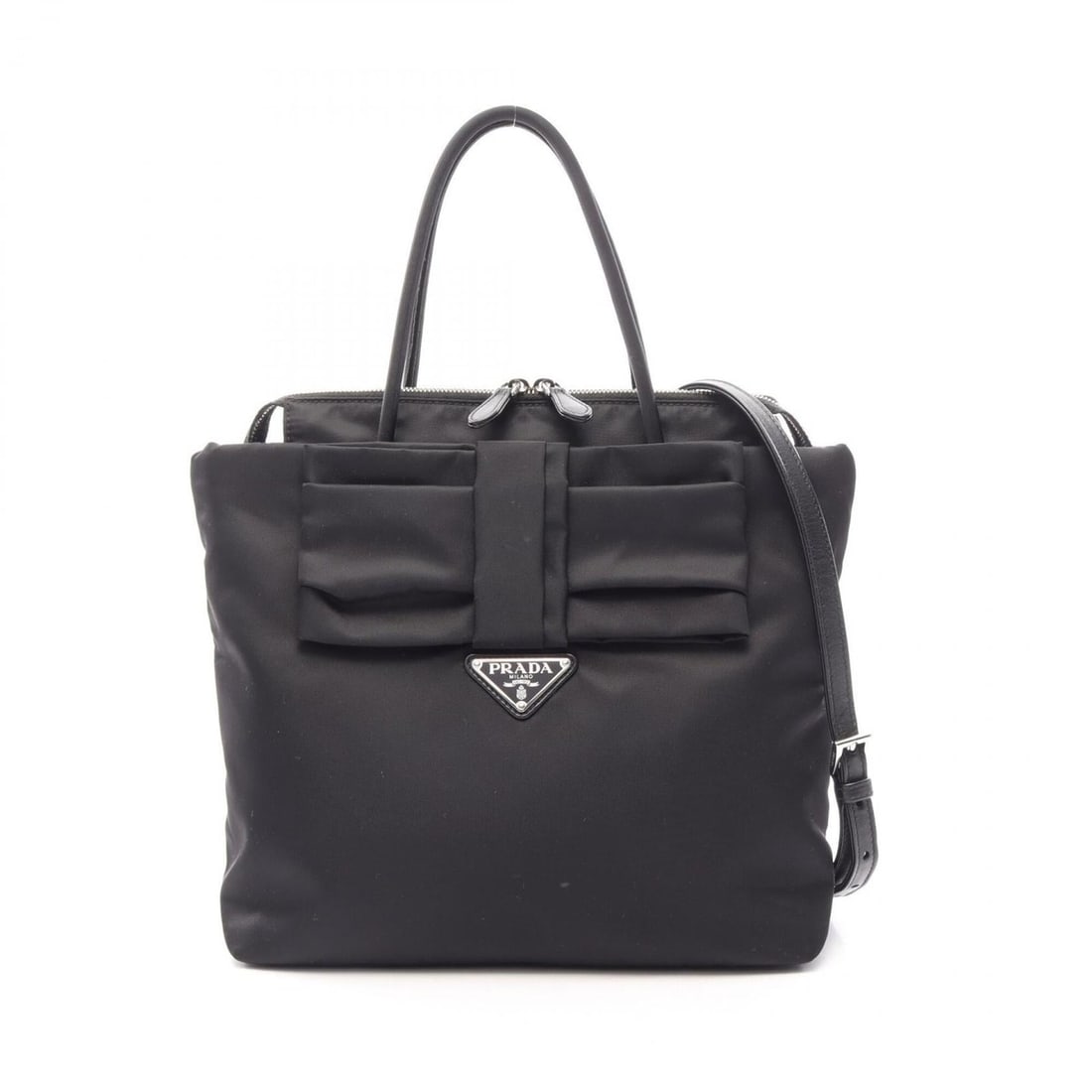 Prada TESSUTO FIOCCO 2-Way Handbag, Nylon and Leather, Women's, Black (1BG320): --- Catalog ---Category: SizeSize (HxWxD): 27cm x 25cm x 10cm / 10.62'' x 9.84'' x 3.93''Category: DesignType: HandbagColor: BlackGender: WomenMaterial: Nylon , Leather Category: GeneralBrand: Prada--