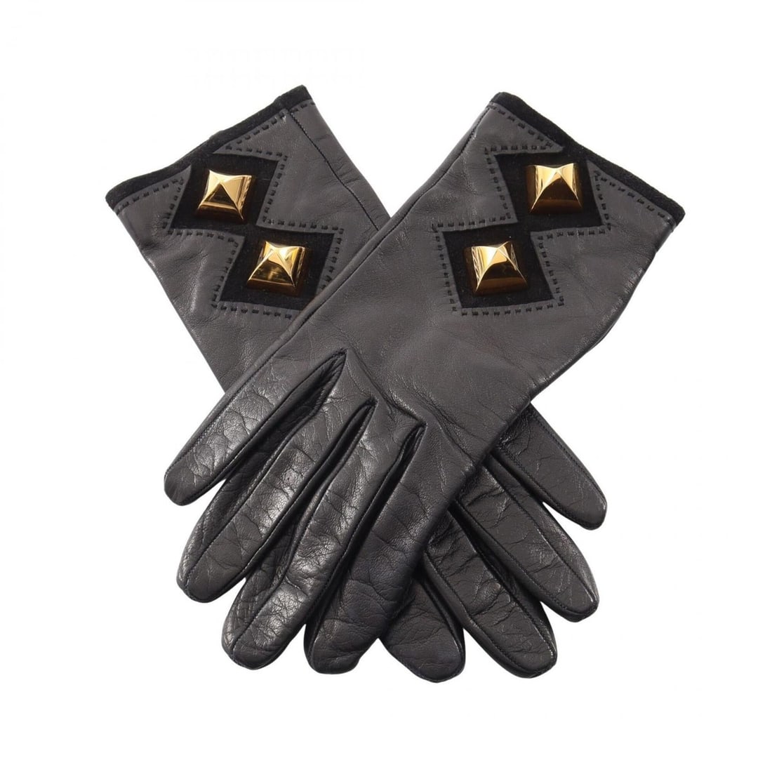 Hermes Medor Leather Gloves for Women, GP (Gold Plated), Black/Gold Tone: --- Catalog ---Category: SizeTotal Length: 21.5cm / 8.46''Category: DesignType: Warm glovesColor: Black, GoldGender: WomenMaterial: Leather Category: GeneralBrand: Hermes--- Item List ---Section: Cond