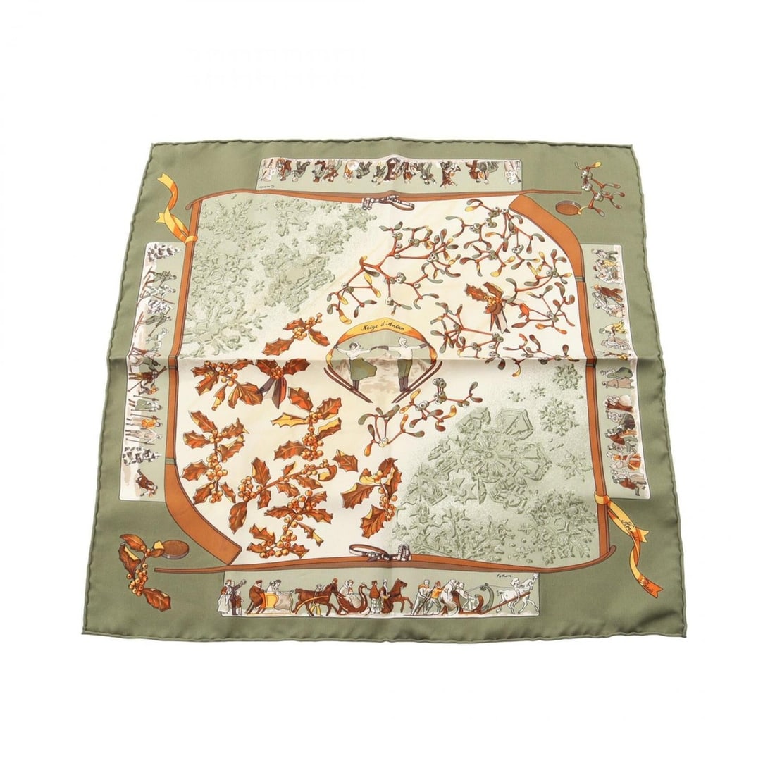 Hermes Petit Carré 45 Neige d'Antan Scarf Muffler Silk Women's Khaki Multicolor: --- Catalog ---Category: SizeSize (LxW): 42cm x 42cm / 16.53'' x 16.53''Category: DesignType: ScarfColor: Khaki, Multi-colorGender: WomenMaterial: Silk Category: GeneralBrand: Hermes--- Item List ---S