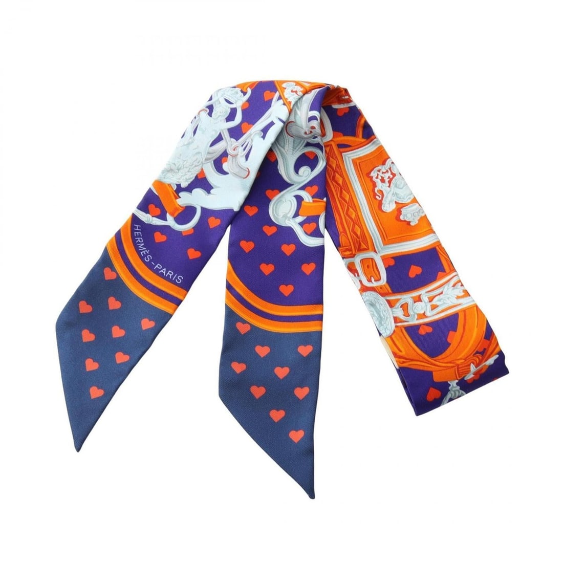 Hermes Twilly Brides de Gala Love Ribbon Scarf Muffler Silk Women's Navy Orange Multicolor: --- Catalog ---Category: SizeSize (LxW): 85cm x 5cm / 33.46'' x 1.96''Category: DesignType: ScarfColor: Multi-color, Navy, OrangeGender: WomenMaterial: Silk Category: GeneralBrand: Hermes--- Item List