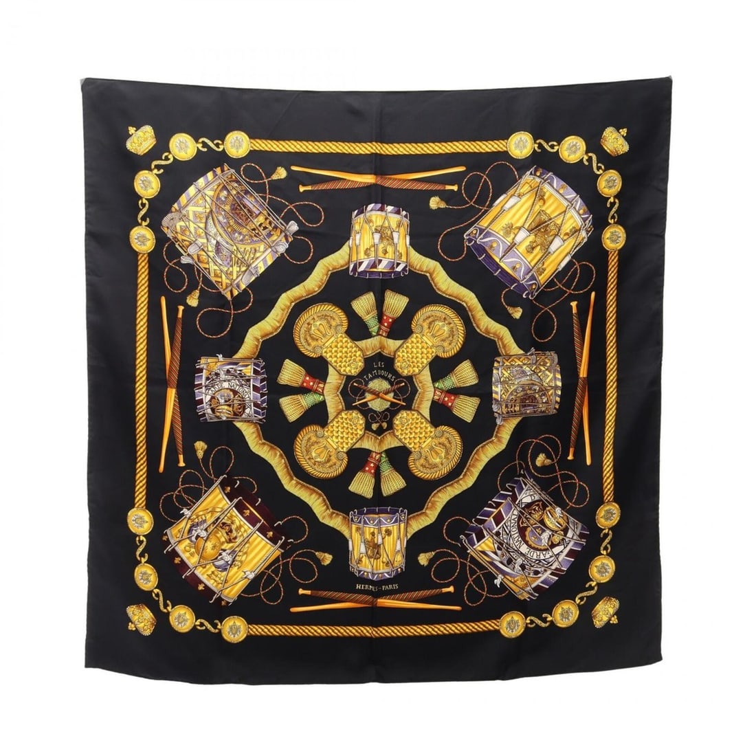 Hermes Carre 90 Les Tambours Scarf/Muffler, Silk, Women's, Black/Yellow Multicolor: --- Catalog ---Category: SizeSize (LxW): 88cm x 88cm / 34.64'' x 34.64''Category: DesignType: ScarfColor: Black, Multi-color, YellowGender: WomenMaterial: Silk Category: GeneralBrand: Hermes--- Item L