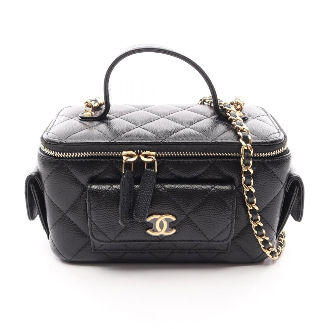 Chanel Matelassé Vanity Bag, 2-Way Shoulder Bag/Handbag, Caviar Leather (Grained Calfskin),: --- Catalog ---Category: SizeSize (HxWxD): 9cm x 16cm x 8cm / 3.54'' x 6.29'' x 3.14''Category: DesignType: Handbag, Shoulder bag, Vanity bagColor: BlackGender: WomenMaterial: Grained Calfskin Hardwar