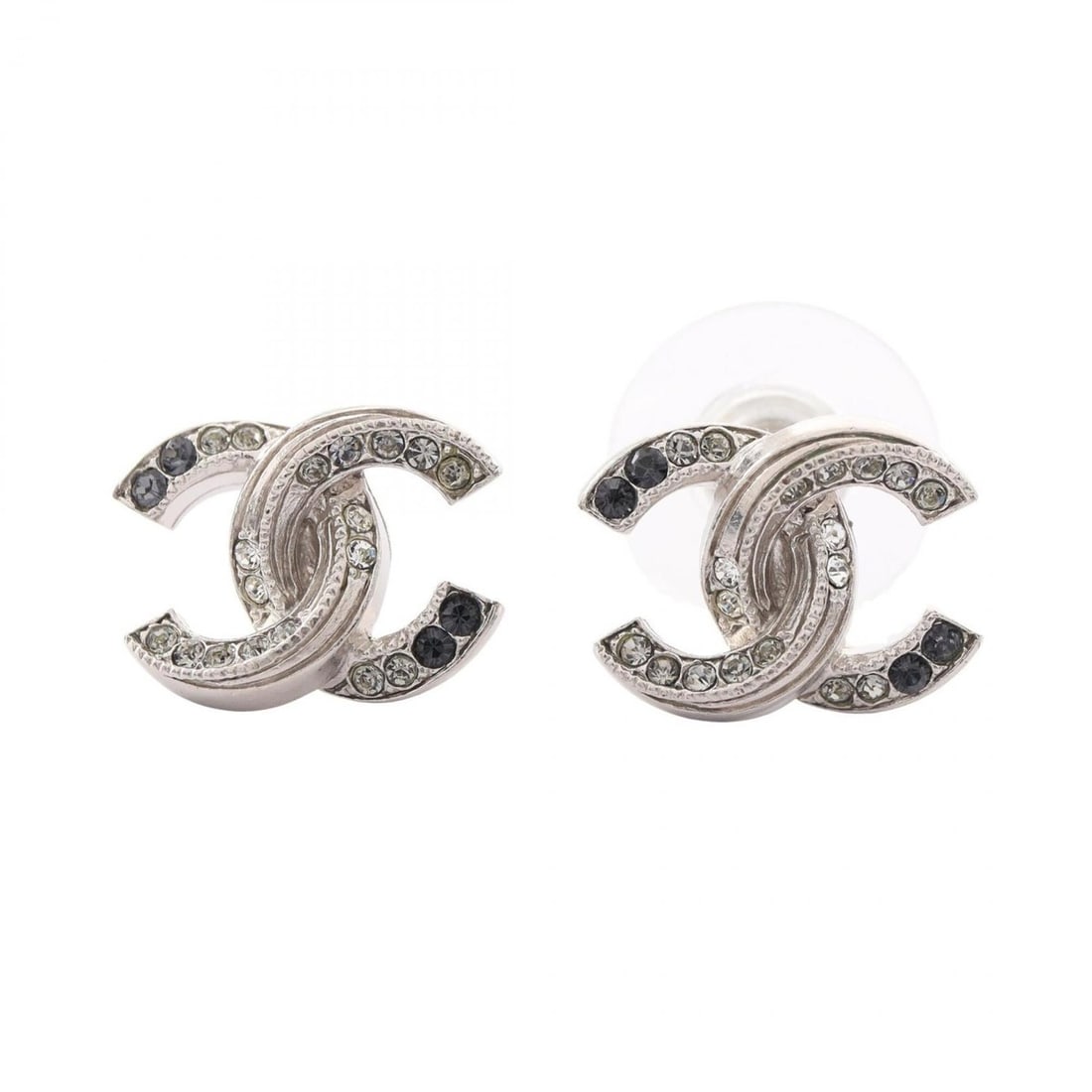 Chanel Coco Mark Earrings, Stainless Steel with Rhinestones, Women's, Silver, Clear, Black (1 of 5)