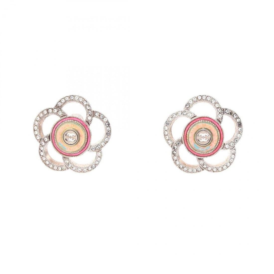 Chanel Camellia Coco Mark Earrings, Gold Plated (GP) Rhinestone Women's, Gold, Clear, Pink Tones: --- Catalog ---Category: SizeSize (HxWxD): 24.00mm x 23.00mm / 0.94'' x 0.91''Category: DesignType: Stud earringsColor: Clear, Gold, PinkStone: RhinestoneGender: WomenMaterial: Gold platingCategory: G