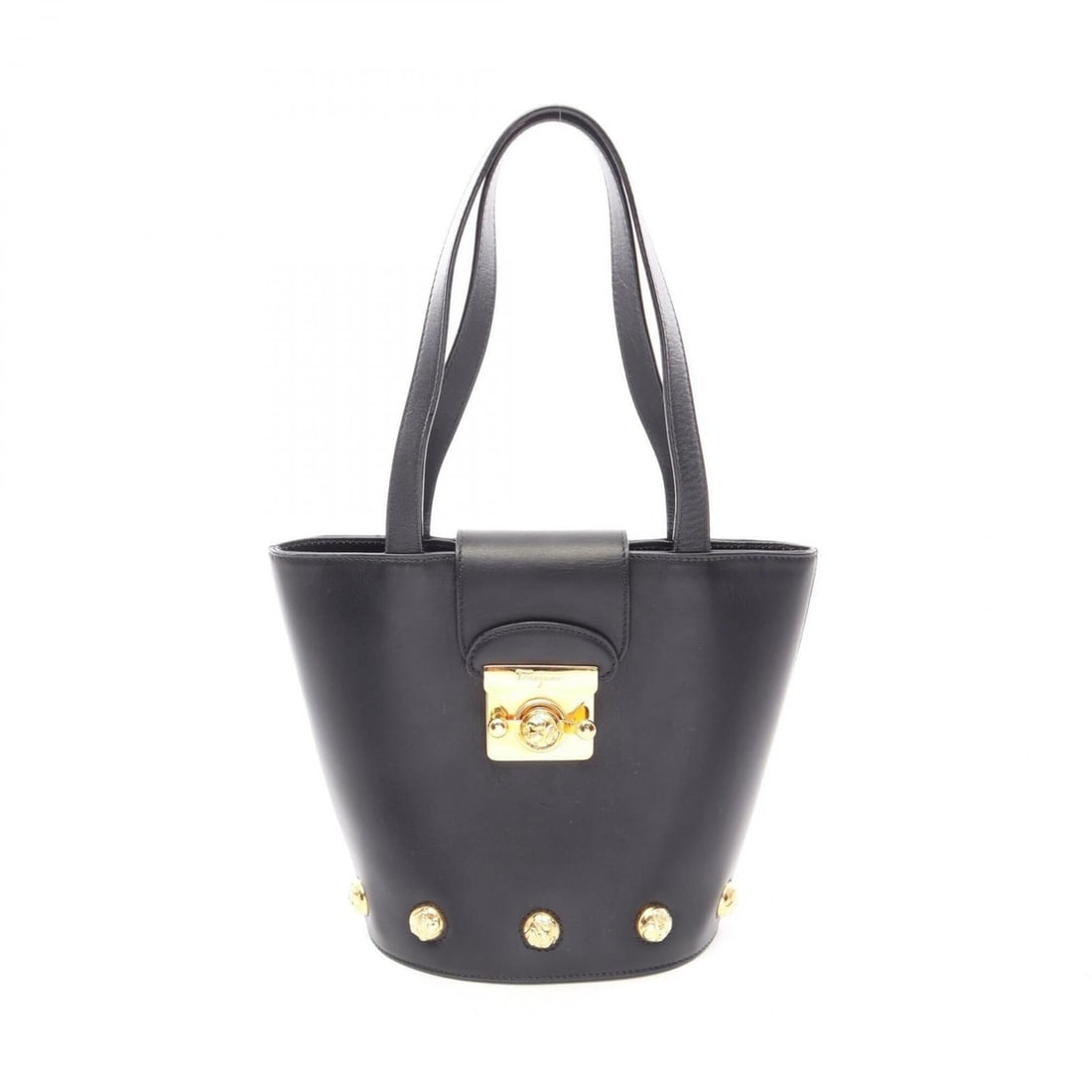 Salvatore Ferragamo Leather Handbag with Heel Hardware, Black, for Women: --- Catalog ---Category: SizeSize (HxWxD): 17.5cm x 15.5cm x 10cm / 6.88'' x 6.1'' x 3.93''Category: DesignType: HandbagColor: BlackGender: WomenMaterial: Leather Category: GeneralBrand: Salvatore Fer