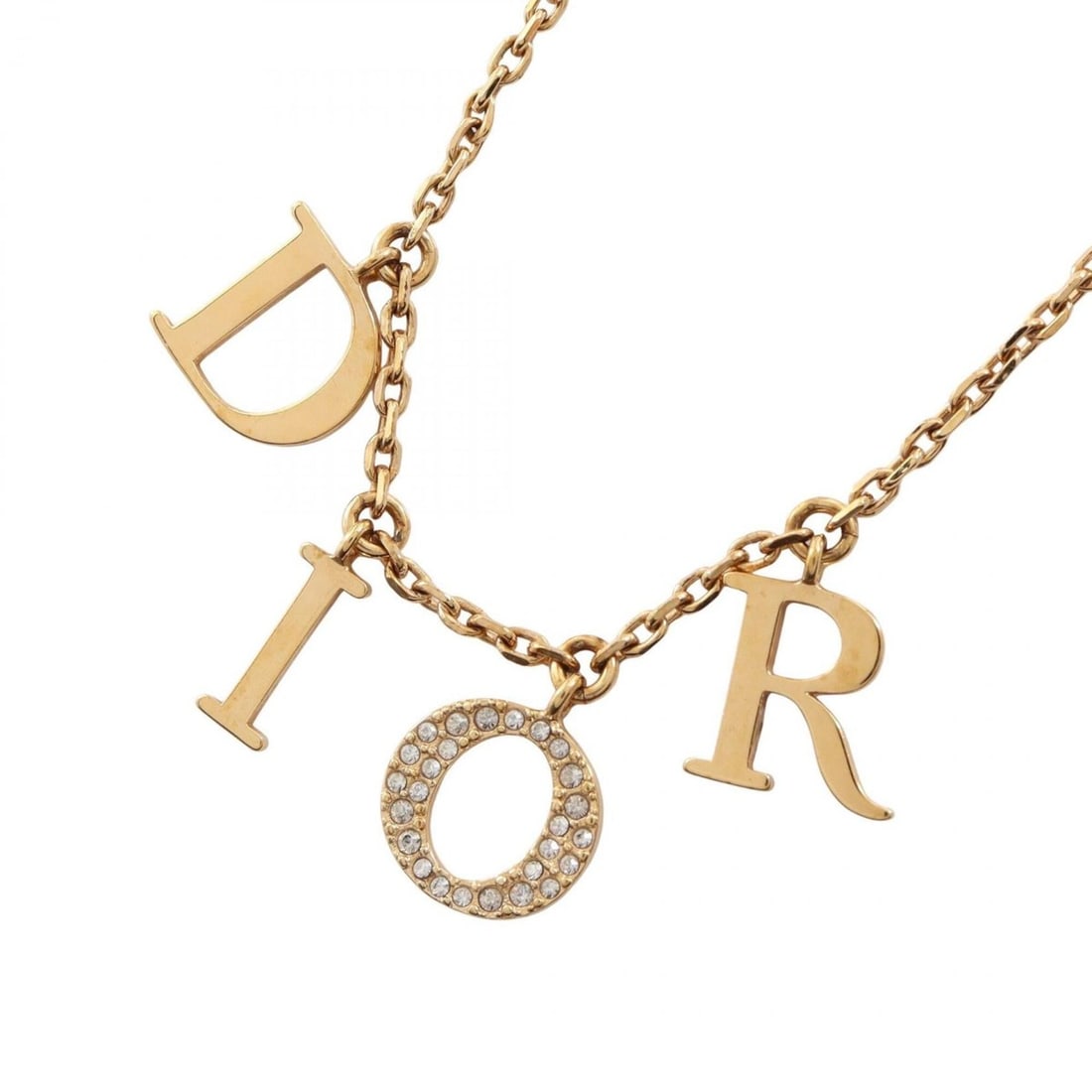 Christian Dior Dior logo necklace, gold-plated (GP) with rhinestones, women's, gold-toned, clear.: --- Catalog ---Category: SizePendant Size: 11mm x 11mm / 0.43'' x 0.43''Neck Circumference: 40 cm - 44 cm / 15.74'' - 17.32''Category: DesignColor: Clear, GoldGender: WomenMaterial: Gold plating,