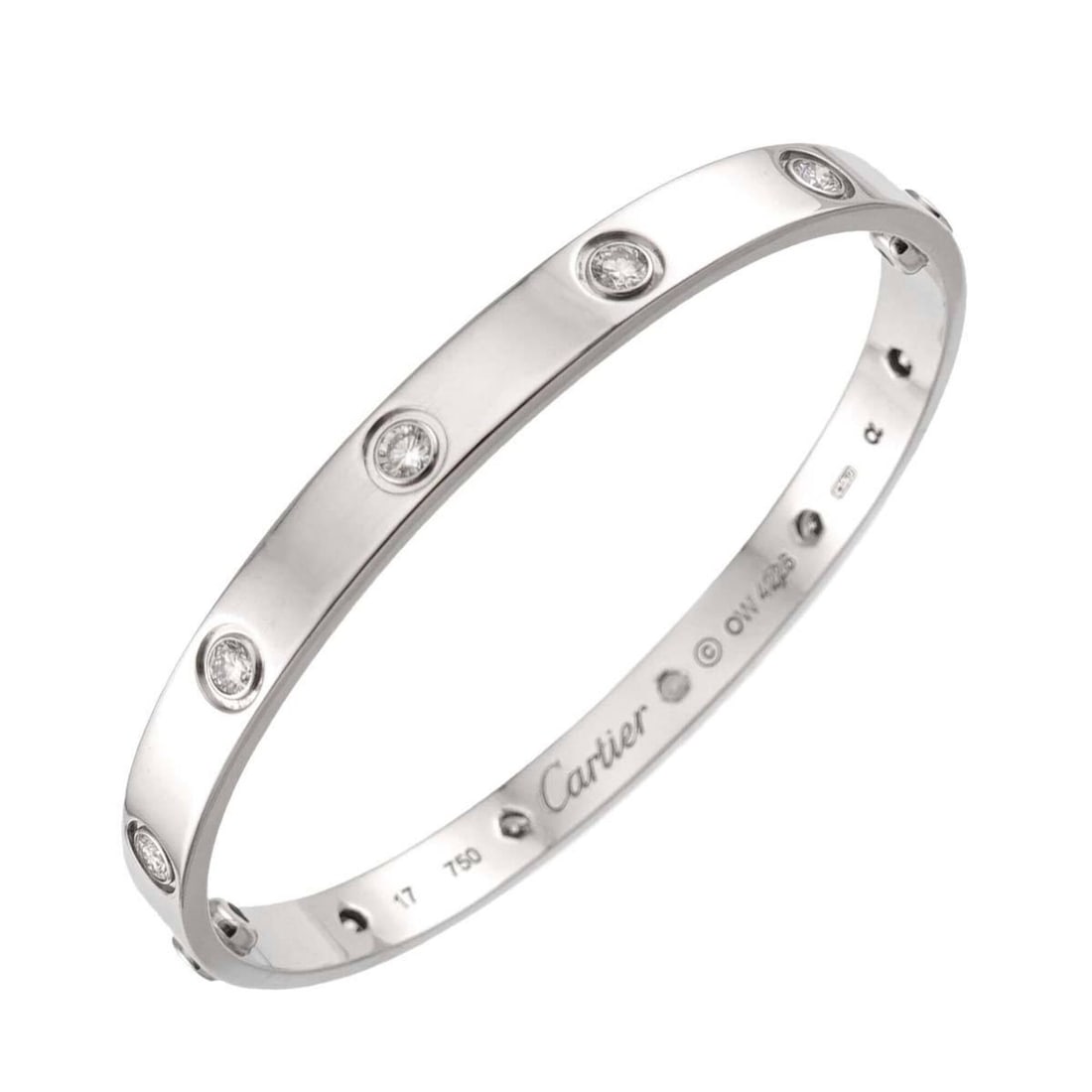 Cartier Love Bracelet, Full Diamond, Size #17, 18K White Gold (750), Bracelet Bangle.: --- Catalog ---Category: SizeLength: 16cm / 6.29''Category: DesignType: BangleGender: WomenMaterial: White gold (18K)Category: GeneralBrand: Cartier--- Item List ---Section: ConditionRanking: Rank SA