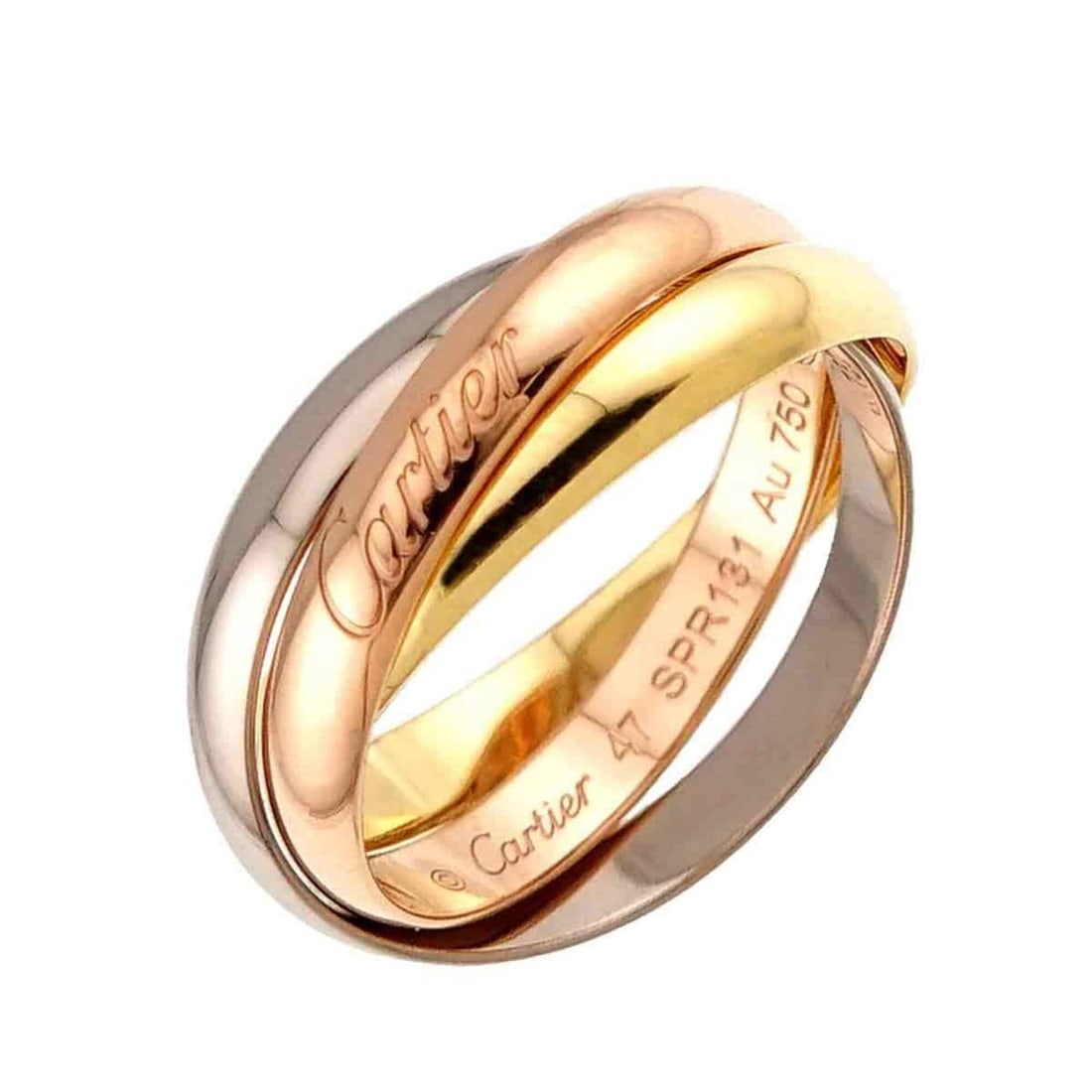Cartier Trinity Small SM #47 Ring, 18K Yellow Gold, White Pink 5-Row Design, Three 3 Colors, 750: --- Catalog ---Category: SizeUS Size: 4Brand Size: 47Category: DesignType: Band ringGender: WomenMaterial: Pink gold (18K), White gold (18K), Yellow gold (18K)Category: GeneralBrand: Cartier--- Item