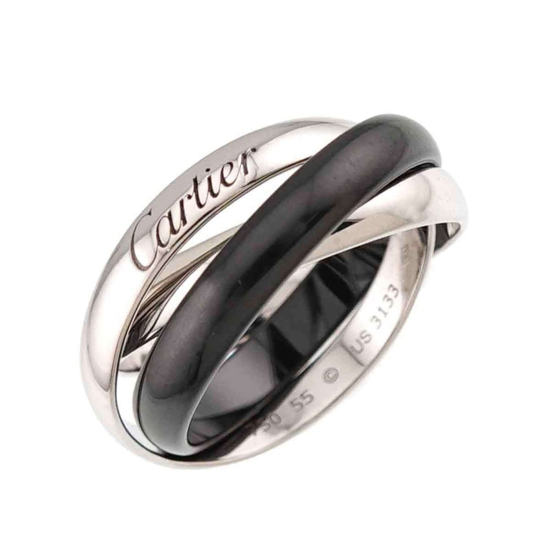 Cartier Trinity MM #55 Ring, Ceramic, 18K White Gold, Triple Band, 750 Gold.: --- Catalog ---Category: SizeUS Size: 7.5Brand Size: 55Category: DesignType: Band ringGender: Women,MenMaterial: Ceramic, White gold (18K)Category: GeneralBrand: Cartier--- Item List ---Section: