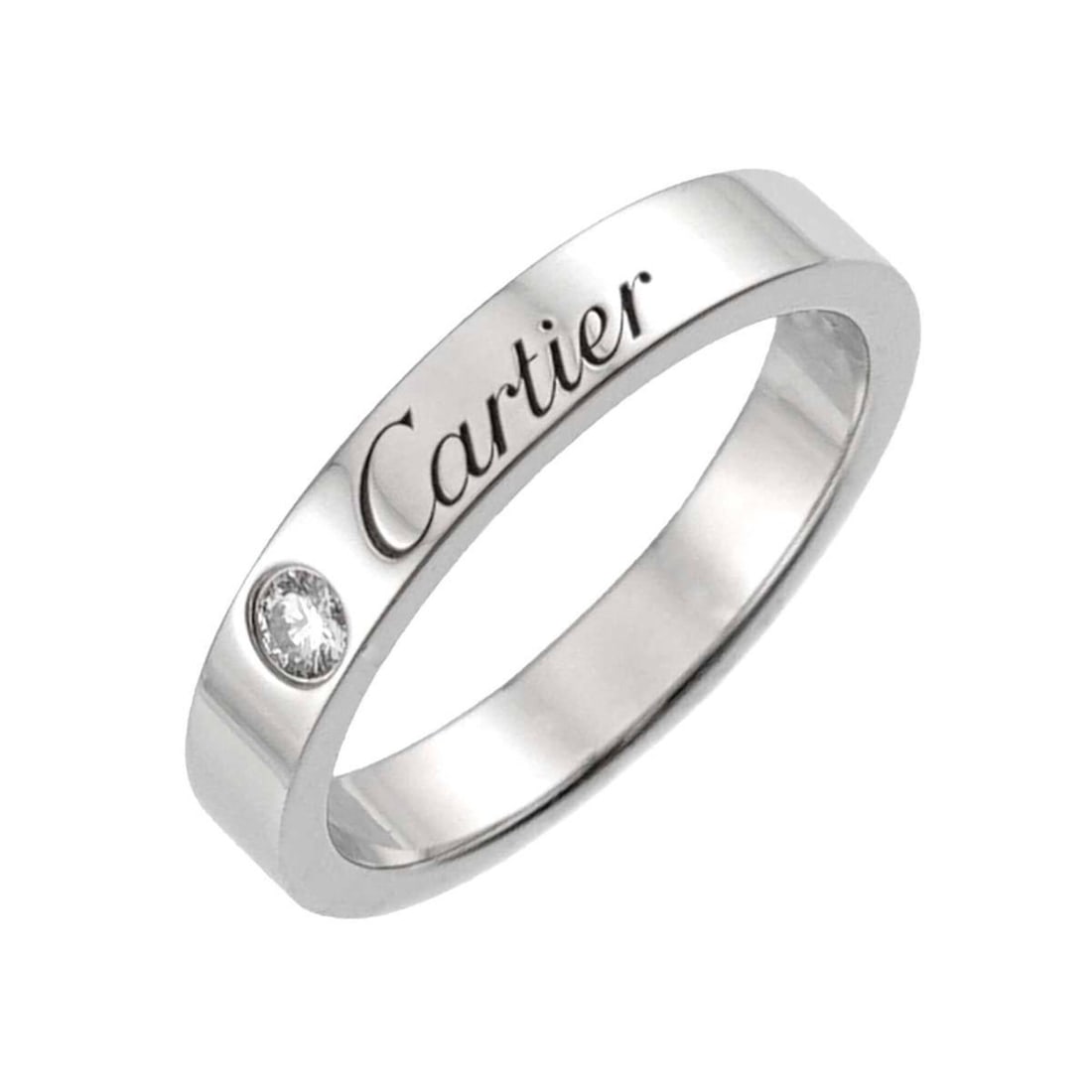 Cartier C de #46 Ring, 3mm wide, 1 diamond, Platinum.: --- Catalog ---Category: SizeUS Size: 3.5Brand Size: 46Category: DesignType: Band ringGender: WomenMaterial: Platinum 950Category: GeneralBrand: Cartier--- Item List ---Section: ConditionRanking:
