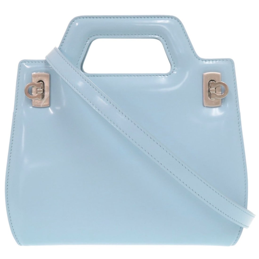 Salvatore Ferragamo Wanda Mini Gancini Patent Leather Light Blue 2-Way Handbag Shoulder Bag 0299: --- Catalog ---Category: SizeSize (HxWxD): 19.5cm x 20cm x 7cm / 7.67'' x 7.87'' x 2.75''Category: DesignType: Handbag, Shoulder bagColor: Light blueGender: WomenMaterial: Patent leather Category: