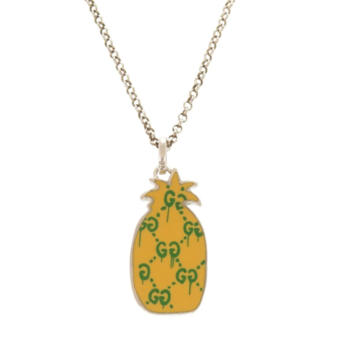 Gucci Ghost Pineapple Sterling Silver 925 Necklace 0830GUCCI: --- Catalog ---Category: SizePendant Size: 35mm x 15mm / 1.37'' x 0.59''Neck Circumference: 50 cm / 19.68''Category: DesignColor: Silver, YellowGender: WomenMaterial: Silver 925Necklace Type: Necklace