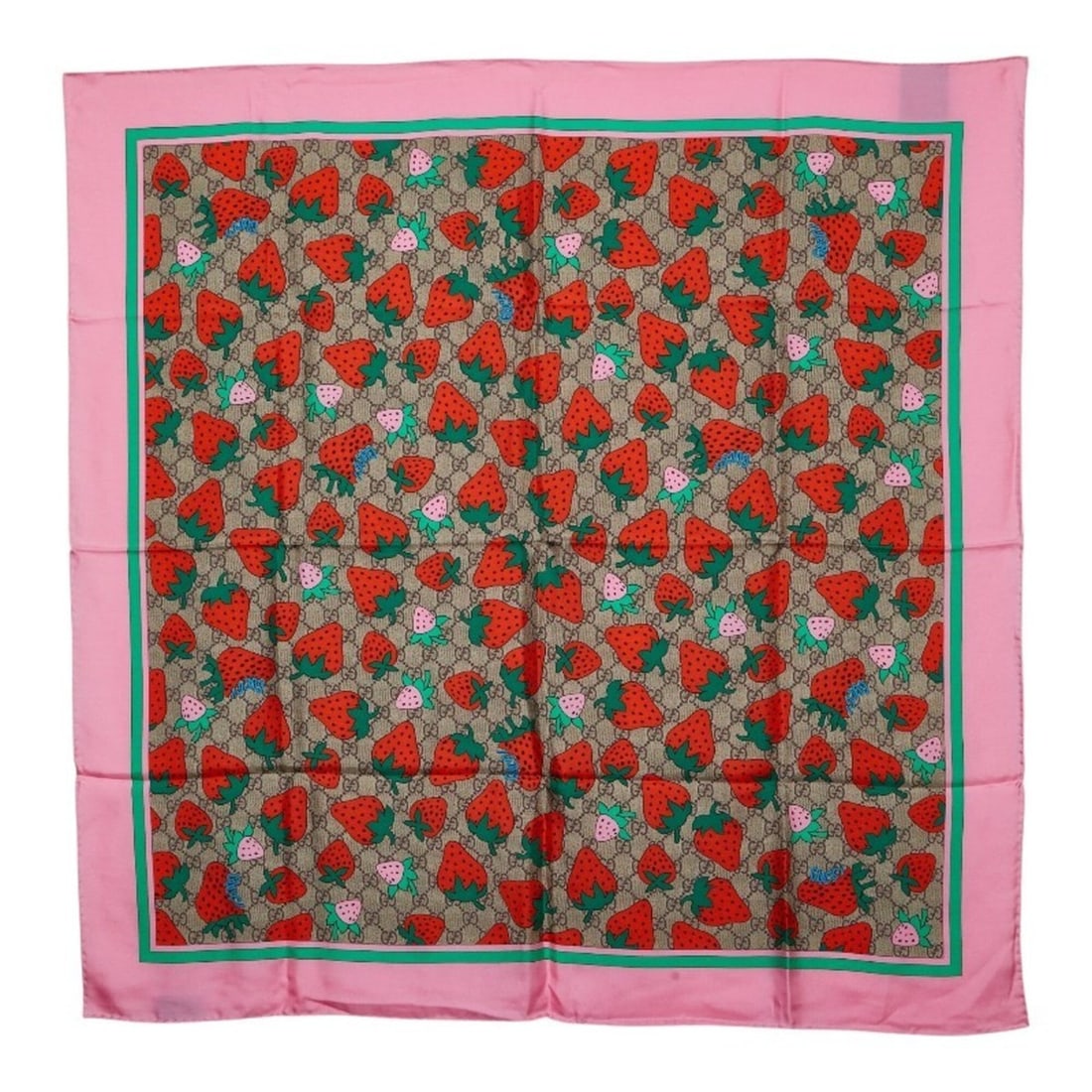Gucci GG logo strawberry pattern scarf/muffler, large size, pink/multicolor silk, women's.: --- Catalog ---Category: SizeSize (LxW): 86cm x 86cm / 33.85'' x 33.85''Category: DesignType: ScarfColor: Multi-color, PinkGender: WomenMaterial: Silk Category: GeneralBrand: Gucci--- Item List ---Sec