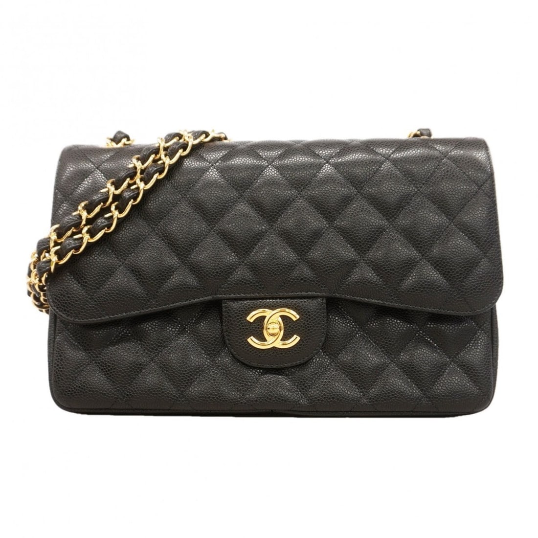 Chanel Shoulder Bag, Large Matelassé, Double Flap, Chain, Caviar Leather, Black, Women's: --- Catalog ---Category: SizeSize (HxWxD): 21cm x 30cm x 8.5cm / 8.26'' x 11.81'' x 3.34''Category: DesignType: Shoulder bagColor: BlackGender: WomenMaterial: Grained Calfskin Hardware Color: