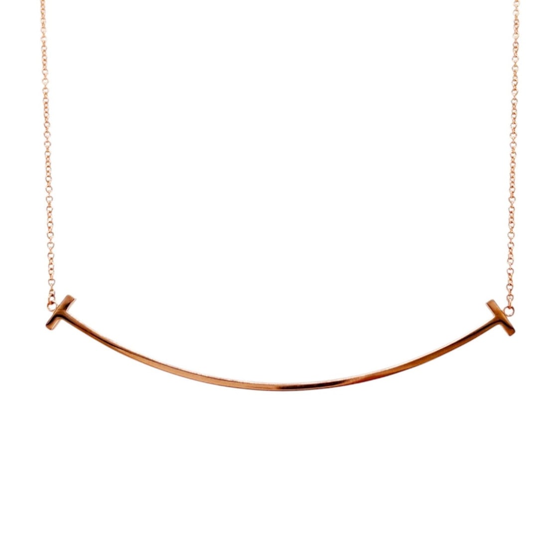 Tiffany & Co. T Smile Necklace, 18K Pink Gold, Women's.: --- Catalog ---Category: SizeWidth: 0.8mm / 0.03''Weight: 3.6g / 0.12oz.Pendant Size: 4.5mm x 68mm / 0.17'' x 2.67''Neck Circumference: 45 cm / 17.71''Category: DesignColor: Pink goldGender: WomenHand