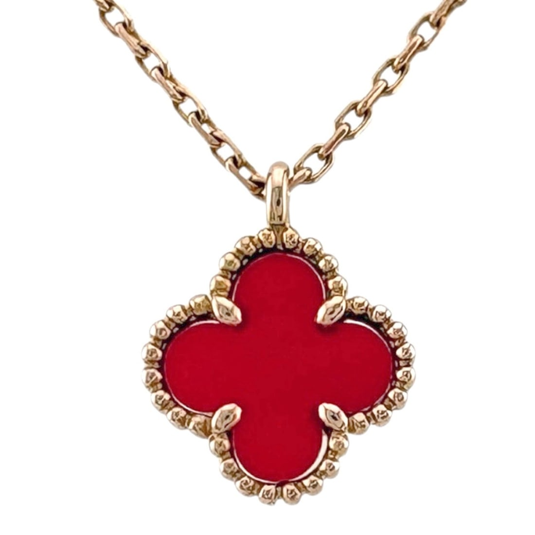 Van Cleef & Arpels Sweet Alhambra Necklace, 18K Pink Gold, Carnelian, Women's, Clover Design: --- Catalog ---Category: SizeWidth: 1mm / 0.04''Weight: 2.7g / 0.09oz.Pendant Size: 11.5mm x 9mm / 0.45'' x 0.35''Neck Circumference: 41 cm / 16.14''Category: DesignStone: CarnelianGender: WomenHandma