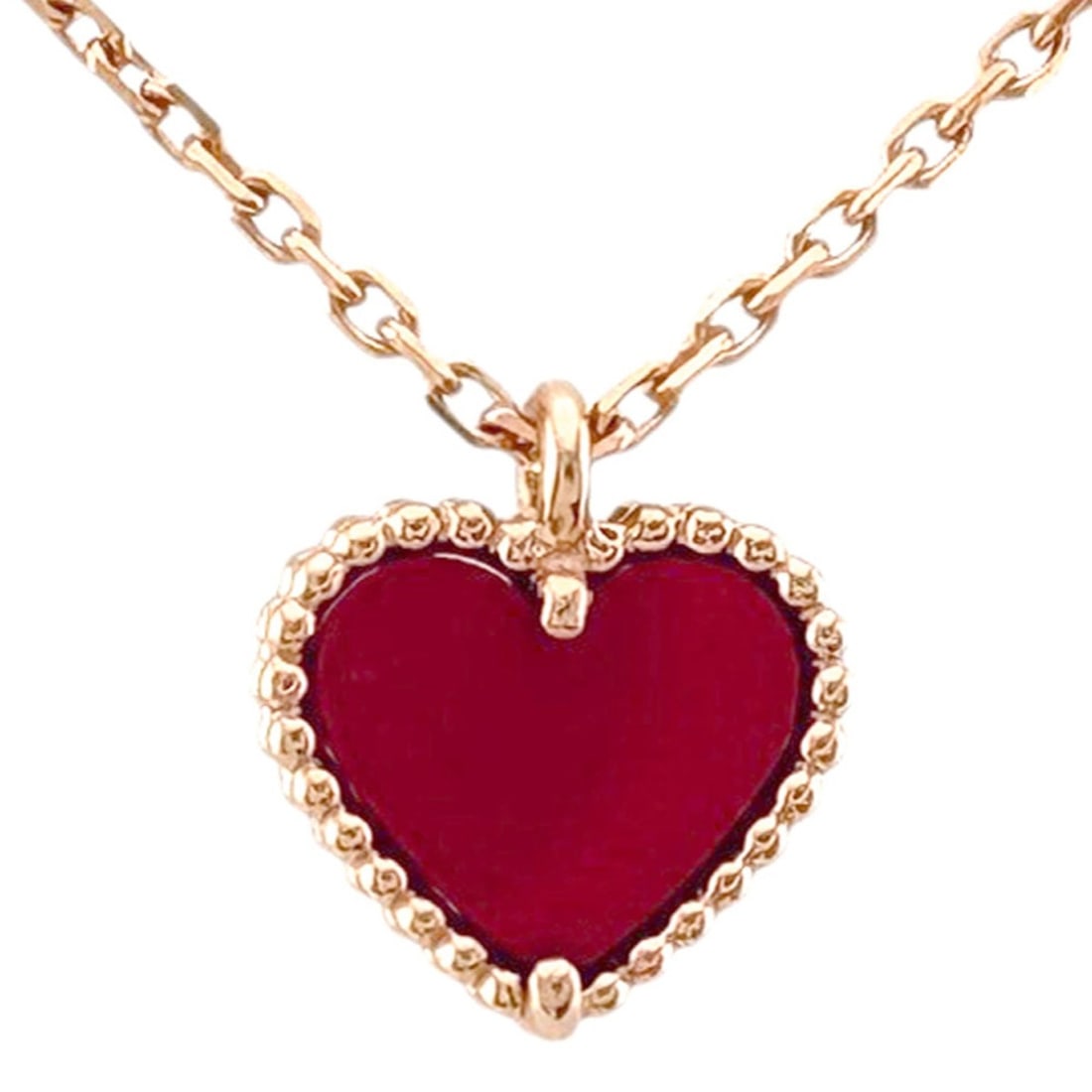 Van Cleef & Arpels Sweet Alhambra Necklace, 18K Pink Gold Carnelian Necklace for Women, Heart Design: --- Catalog ---Category: SizeWidth: 1mm / 0.04''Weight: 2.8g / 0.09oz.Pendant Size: 9.5mm x 9mm / 0.37'' x 0.35''Neck Circumference: 40 cm / 15.74''Category: DesignStone: CarnelianGender: WomenHandmad