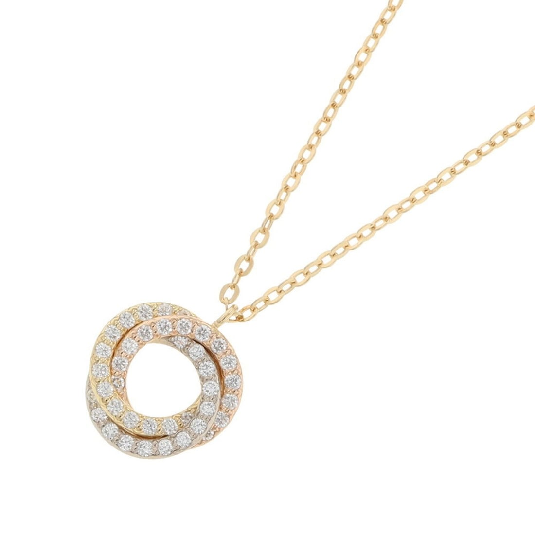 Cartier Trinity Necklace Pendant with 42 Diamonds (0.11ct total), 18K Yellow Gold, Pink White Gold: --- Catalog ---Category: SizeNeck Circumference: 40 cm / 15.74''Category: DesignGender: WomenMaterial: Pink gold (18K), White gold (18K), Yellow gold (18K)Pendant Type: PendantNecklace Type: NecklaceC