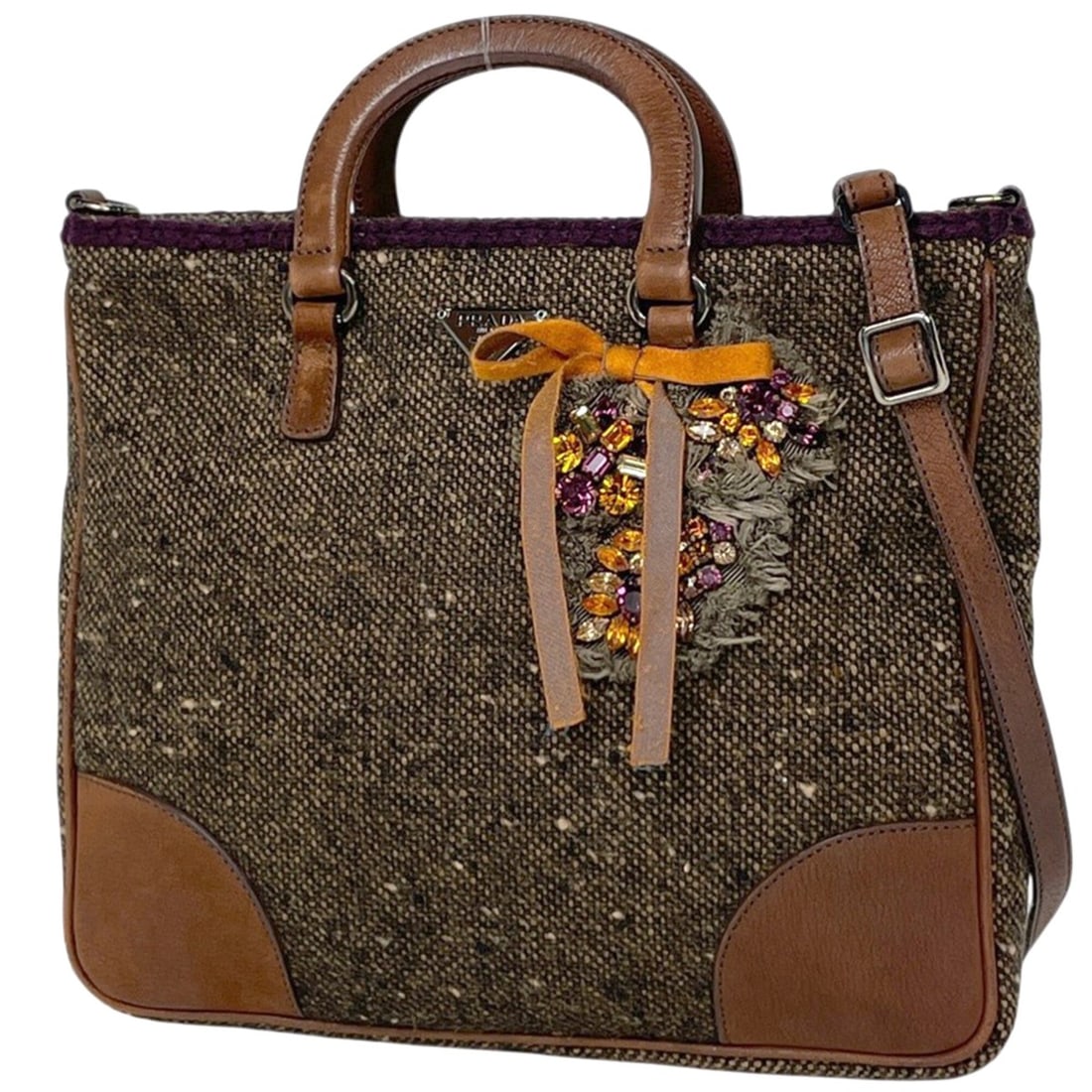 Prada handbag, logo plate, 2-way, rhinestone, fabric, brown, women's.: --- Catalog ---Category: SizeSize (HxWxD): 21cm x 25cm x 4cm / 8.26'' x 9.84'' x 1.57''Category: DesignType: HandbagColor: BrownGender: WomenMaterial: Fabric , Leather Category: GeneralBrand: Prada---