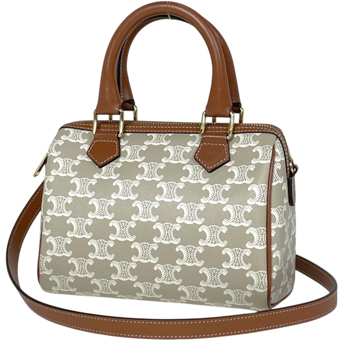Celine Triomphe Small Boston Handbag, 2-Way, Coated Canvas, Beige/Brown, Women's: --- Catalog ---Category: SizeSize (HxWxD): 15cm x 20cm x 11cm / 5.9'' x 7.87'' x 4.33''Category: DesignType: HandbagColor: Beige, BrownGender: WomenMaterial: Coated canvas , Leather Category: GeneralB