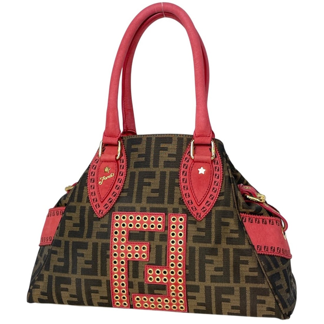 Fendi Etnico handbag, Zucca pattern, perforated canvas, brown and red, 8BN157, women's.: --- Catalog ---Category: SizeSize (HxWxD): 23cm x 32cm x 14cm / 9.05'' x 12.59'' x 5.51''Category: DesignType: HandbagColor: Brown, Red colorGender: WomenMaterial: Canvas , Leather Category: GeneralMP