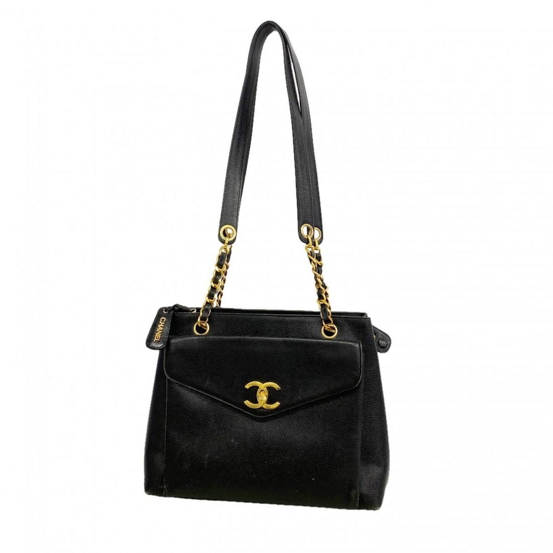 Chanel Tote Bag/Chain Tote, Caviar Leather, Black, Women's: --- Catalog ---Category: SizeSize (HxWxD): 24.5cm x 30.5cm x 10cm / 9.64'' x 12'' x 3.93''Category: DesignType: Tote bagColor: BlackGender: WomenMaterial: Grained Calfskin Hardware Color: GoldCategory