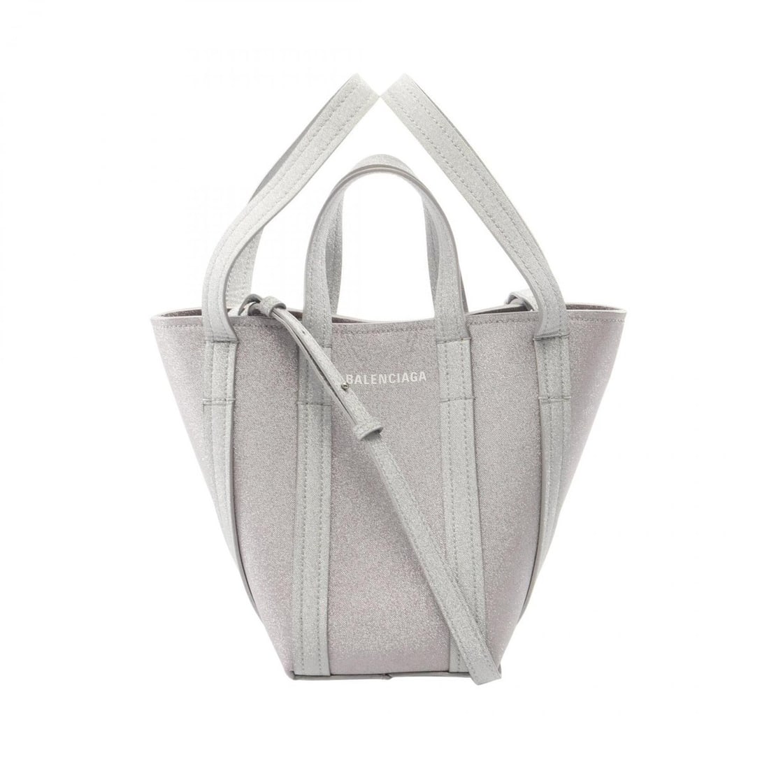 Balenciaga Everyday XS North South 2-Way Handbag, Coated Canvas and Leather, Women's, Silver Tone,: --- Catalog ---Category: SizeSize (HxWxD): 20cm x 13cm x 17cm / 7.87'' x 5.11'' x 6.69''Category: DesignType: HandbagColor: SilverGender: WomenMaterial: Coated canvas , Leather Category: GeneralMPN: 6