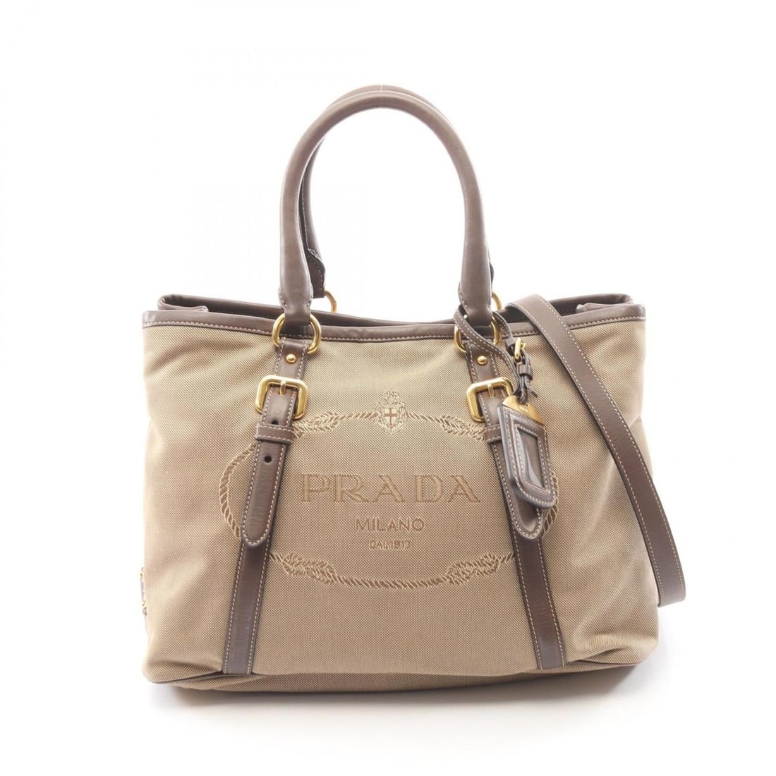 Prada LOGO JACQUARD 2-Way Handbag, Canvas and Leather, Women's, Beige/Brown, BN2832: --- Catalog ---Category: SizeSize (HxWxD): 23cm x 32cm x 16cm / 9.05'' x 12.59'' x 6.29''Category: DesignType: HandbagColor: Beige, BrownGender: WomenMaterial: Canvas , Leather Category: GeneralMPN: B