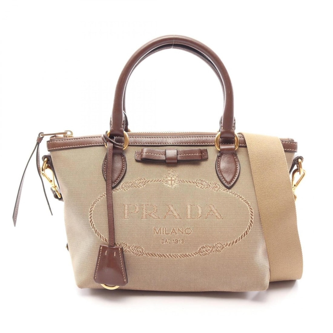 Prada LOGO JACQUARD 2-Way Handbag, Canvas and Leather, Women's, Beige/Brown, 1BA111: --- Catalog ---Category: SizeSize (HxWxD): 19cm x 23cm x 13cm / 7.48'' x 9.05'' x 5.11''Category: DesignType: HandbagColor: Beige, BrownGender: WomenMaterial: Canvas , Leather Category: GeneralMPN: 1B