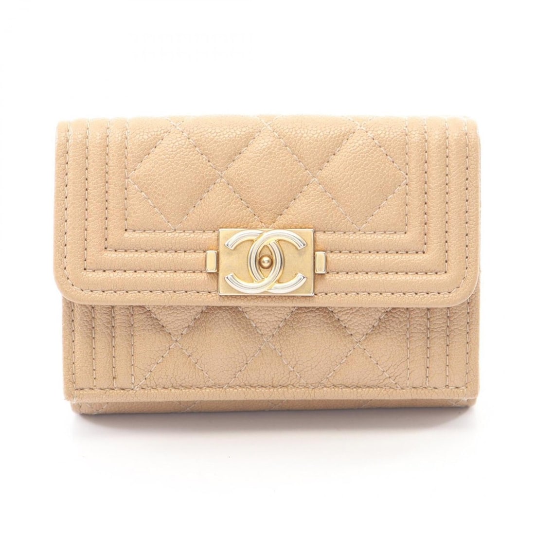 Chanel Boy Tri-fold Wallet, Caviar Leather (Grained Calfskin), Women's, Beige, A84432: --- Catalog ---Category: SizeSize (HxWxD): 7.5cm x 10.5cm x 3cm / 2.95'' x 4.13'' x 1.18''Category: DesignType: Wallet (tri-fold)Color: BeigeGender: WomenMaterial: Grained Calfskin Category: GeneralMP