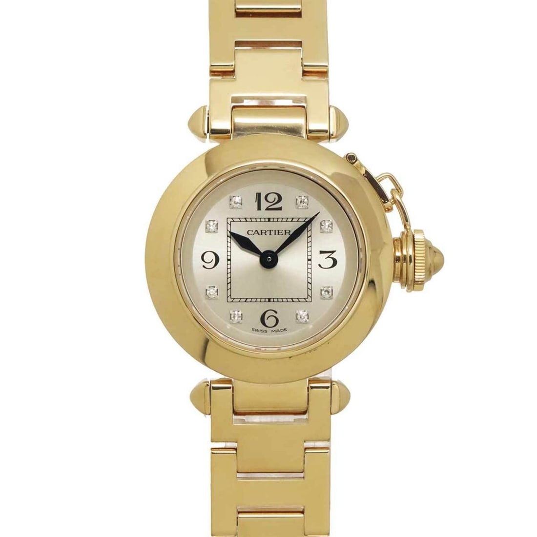 Cartier Miss Pasha WJ124015 Ladies' Watch, 8 Diamonds, Silver, 18K Yellow Gold, Solid Quartz Watch: --- Catalog ---Category: SizeWrist Size: 13.5cm / 5.31''Case Diameter: 27mm / 1.06''Category: DesignType: WristwatchGender: WomenColor (Dial): SilverMaterial (Band): Yellow gold (18K)Material (Case): 