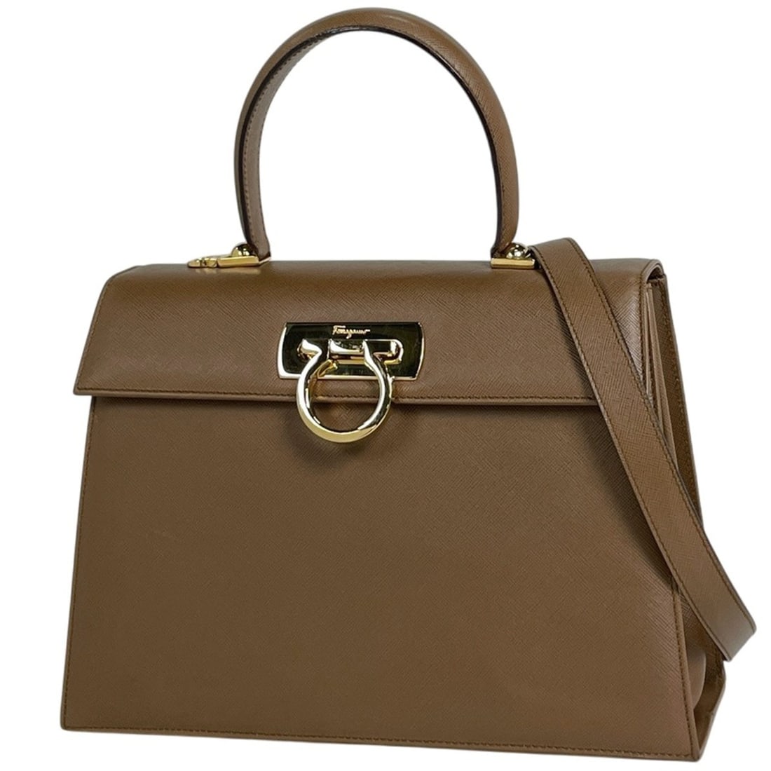 Salvatore Ferragamo Gancini 2-way Leather Handbag, Brown, 2181, Women's: --- Catalog ---Category: SizeSize (HxWxD): 19.5cm x 27.5cm x 10cm / 7.67'' x 10.82'' x 3.93''Category: DesignType: HandbagColor: BrownGender: WomenMaterial: Leather Category: GeneralMPN: 2181Brand: Sa